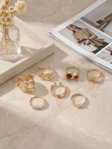 7pcs Vintage Liquid Flow Rings Set, Luxury Gemstone Rings Set For Women, Suitable For Party, Gift, Daily Wear. [Sizes Marked, Please Do Not Bend Forcefully] - Gold - View 5