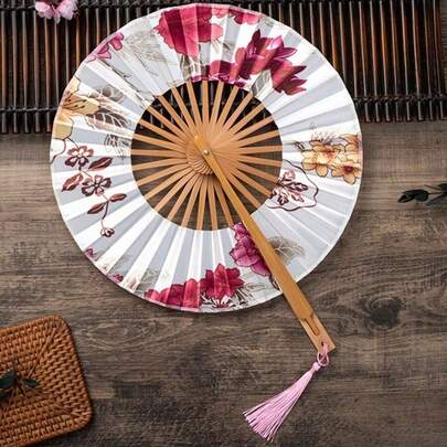 1/3 chiếc quạt xếp tròn cổ điển, quạt quay 360°, quạt kiểu Trung Quốc dùng trong múa áo dài Hanfu, quạt thủ công in họa tiết tre, quạt trang trí chụp ảnh du lịch.