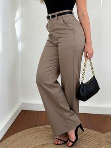Women's Wide Leg Pants, Elegant Fashion Commuter Wear With Pockets And No Belt, Bohemian Street Style Suitable For Spring/Summer Casual, Commute And Vacation - Khaki - View 4