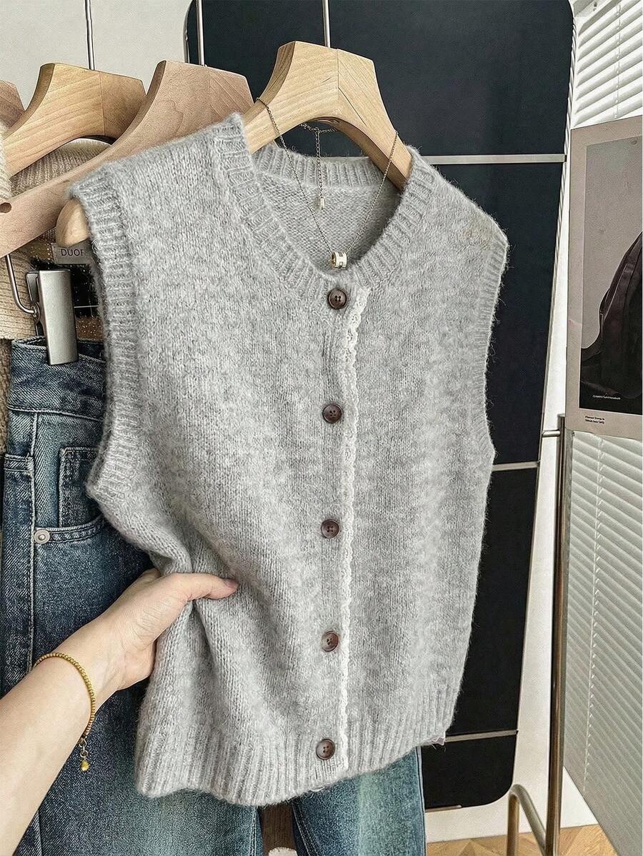 女士休闲可爱撞色蕾丝单排扣针织背心，无袖圆领街头学院风，适合春夏外出、约会、通勤、旅行、下午茶等场合。 - 灰色 - 查看 1