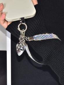 1 Set Wide Crystal Rhinestone Wrist Strap, Minimalist Fashionable 3D Heart Shaped Silver Car Key Chain Bag Charm, High-End Hanging Ornament Anti-Lost Key Chain, Luxury Rhinestone Lanyard For Phone Case - Multicolor - View 4