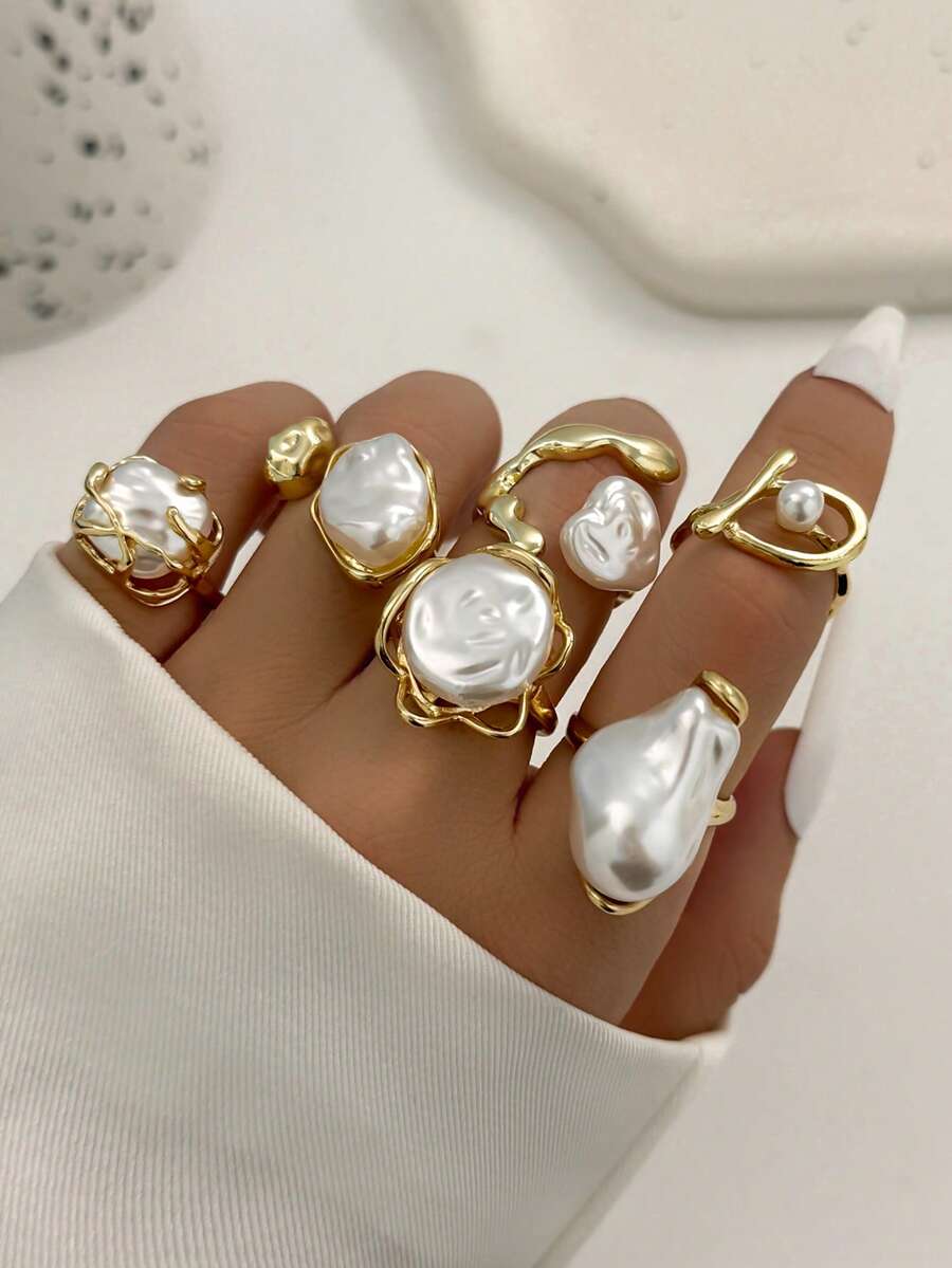 6枚复洛克风格仿珍珠戒指，不对称叠戴戒指套装，女士款 - 金色 - 查看 1