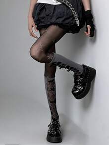 1 Pair Grey Butterfly Hollow Pearl Mid-Calf Mesh Socks, Women's Y2K Baddie Lolita Ripped Leg Warmers Ankle Socks, Versatile For Summer - Multicolor - View 1