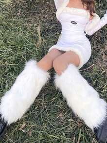Women's Fluffy Leg Warmers - Soft & Plush Boot Covers Winter, Halloween And Santa Claus Costumes - trắng - Xem 2