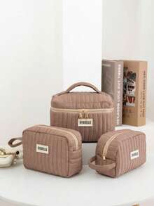 1pc/5pcs Fashionable High-End Rhombus Pattern Travel Makeup Bag, Portable Travel Toiletry Bag, Solid Color Sequin Cosmetic Bag, Portable Storage Pouch, Travel Essential Storage Bag, Back To School Supplies, Soft Fabric Makeup Bag, Fashionable Women Wallet And Handbag, Suitable For Home, Travel, Vacation And School, Bedroom Essential, Bridesmaid Gift, Mother's Day Gift, Birthday Gift - Mocha Brown - View 18