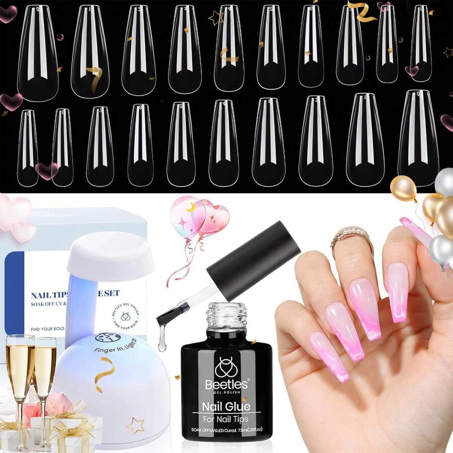 Beetles Gel Nail Kit Short Almond Gift Spree Easy DIY Extension Set Gift For Women - Peti Mati Panjang 500 buah (Kit Transparan) - View 1