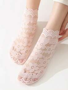 1/5/10 Pairs Women's Summer Solid Color Thin Socks, Lace Trim Transparent Mesh Sexy Socks, Soft & Comfortable - Multicolor - View 5