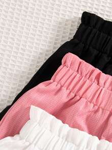 3 piezas Pantalones casuales de unicolor para niñas con falso botón y cintura elástica, ajuste regular, para primavera y otoño - Rosa - Ver 4