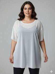 Plus Size Sheer Short-Sleeved Blouse, Regular Length, In Highly Stretchy Knit Fabric. - 白色 - 查看 1