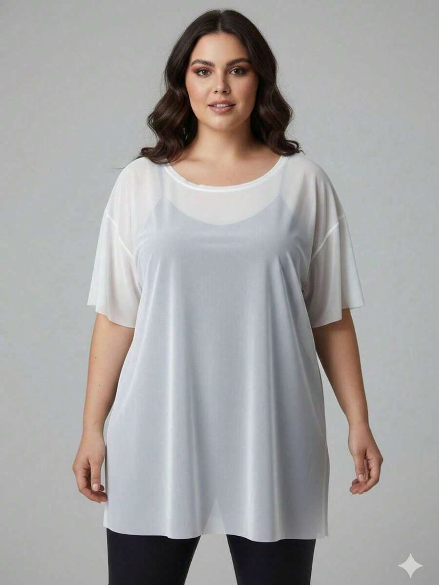 Plus Size Sheer Short-Sleeved Blouse, Regular Length, In Highly Stretchy Knit Fabric. - 白色 - 查看 1