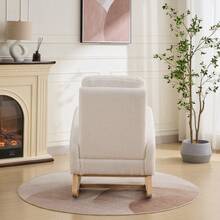 Silla mecedora de 27.2" de ancho para cuarto de niños, silla deslizante de poliéster con respaldo alto y bolsillo lateral, sillón mecedora con patas de madera de caucho para sala de estar/dormitorio. Color beige. - Marfil + Sherpa - Ver 5
