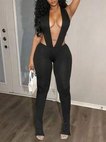 LovelyWholesale Bộ đồ nữ gợi cảm gồm áo hai dây cổ chữ V sâu có dây buộc và quần ống đứng, thích hợp cho mùa xuân. - màu đen - Xem 3