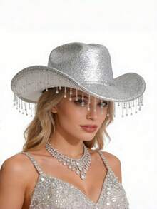 Luxury Sparkling Rhinestone Fringe Western Cowboy Hat, Suitable For Single Party Theme Events And Outfits - Solid Color - View 6