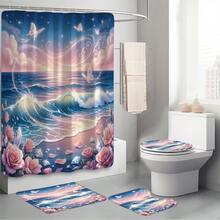 Conjunto de cortina de chuveiro multifuncional com estampa de paisagem de praia, diamantes florais e borboletas (1 peça/4 peças), 12 ganchos inclusos, elegante e com atmosfera de férias, tapete de banheiro, tapete para vaso sanitário em formato de U e tapete para vaso sanitário redondo, adequado para todos os ambientes de banheiro. - D - Ver 6