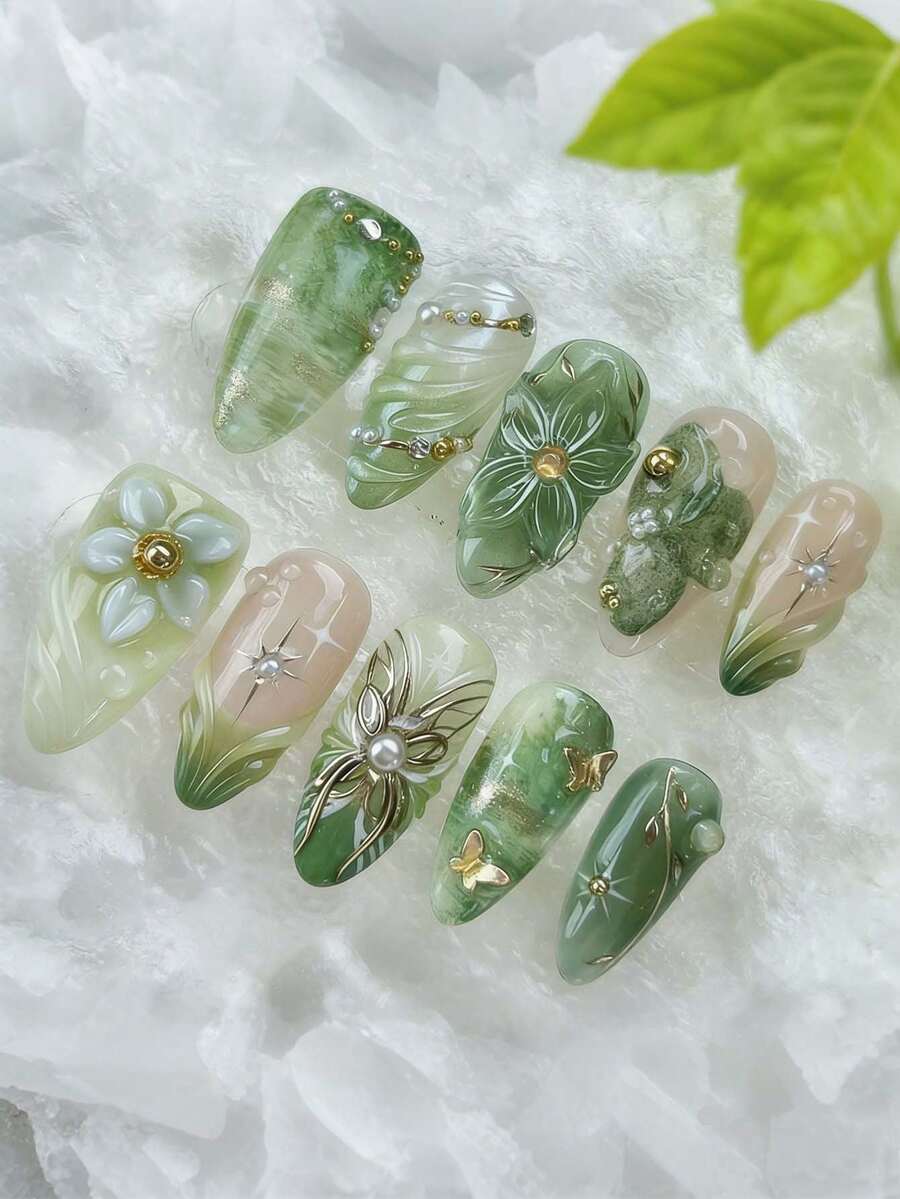 10pcs French Ombre Green 3D Floral Ripple Decor Rhinestone Butterfly Design Y2K Fresh Glossy Full Cover Fake Nails, Suitable For Spring Daily Wear