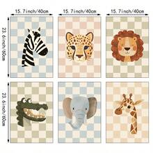 1/6pcs Vintage Checkered Animal Wall Art Decor, Nursery Canvas Print, Danish Macaron Color Tone Painting Poster, Cute Decorative Painting For Boys And Girls Bedroom, Unframed - Multicolor - View 13