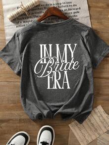 女式休闲新娘时代来临/正式进入新娘模式/我已成为新娘传奇。圆领短袖休闲衬衫，适合春、秋、冬三季，也适合情人节/返校季夏季穿着。 - 灰色 - 查看 6