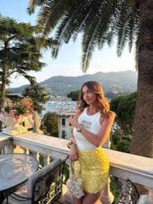 女士春夏时尚优雅Y2K性感闪亮紧身迷你裙/高腰闪亮短裙/春夏派对夜店/返校季短裙 - 黃色 - 查看 8