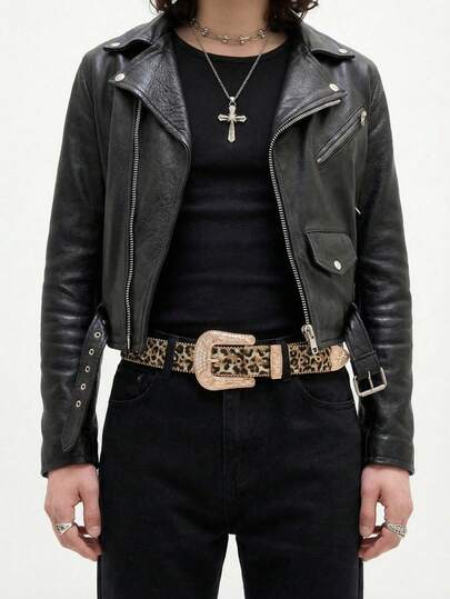 1pc Men's Retro Y2K Western Style Rhinestone Leopard Print Belt, Versatile Denim Jeans Accessory For Daily Wear