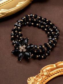 1pc Fashionable Vintage Luxury Floral Sparkling Rhinestone Inlaid Glass Beaded 3-Layer Bracelet, Suitable For Banquet, Holiday, Party Wear - Black - View 2