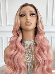 Ombre Pink Body Wave Synthetic Wig For Daily Wear 13x4x1 HD Lace Front Wigs For Women Middle Parting Ombre Pink Colored T Part Lace Frontal Wig  Glueless Synthetic Lace Front Wig Heat Resistant - 漸層粉紅色 - 查看 7