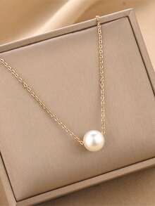 1 chiếc dây chuyền vàng tối giản thanh lịch với mặt dây chuyền ngọc trai giả, thích hợp để đeo hàng ngày. - Vàng - Xem 2
