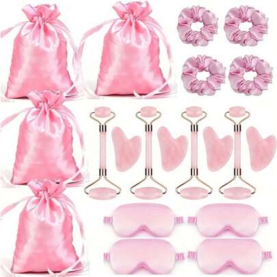20pcs Satin Eye Mask Set Includes Silk Gua Sha Board, Rose Quartz Roller, Suitable For Women Skincare, Lymph Drainage, Anti-Aging, Relaxation, Travel Accessories - Includes Gua Sha Board, Face Roller, Satin Eye Mask, Silk Scrunchie, Skincare Set, Self-Care Gift, Face Massager, Beauty Tools, Sleep Mask Set, Bridesmaid Gift, Anti-Aging, Depuffing