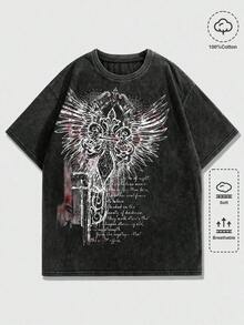 ROMWE MEN Goth Vintage Graphic Print Casual Short Sleeve T-Shirt, Summersummer Outfits For Women - màu đen - Xem 1