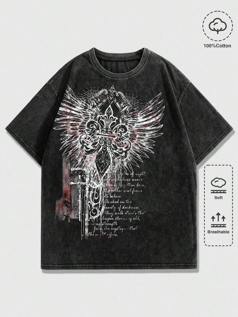 ROMWE MEN Goth Vintage Graphic Print Casual Short Sleeve T-Shirt, Summersummer Outfits For Women - màu đen - Xem 1