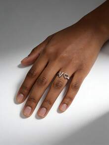 YUZENG V形和心形镂空叠戴戒指 - 銀色 - 查看 3