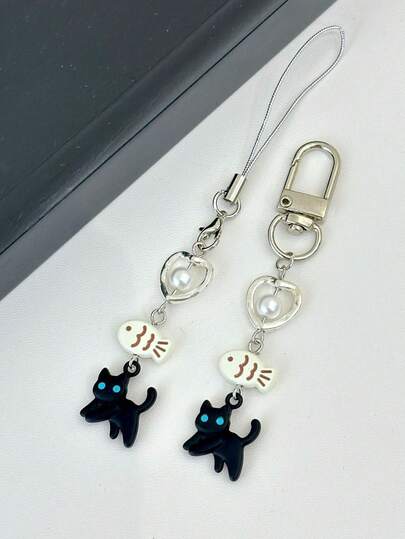 1个“黑猫不吃鱼”可爱吊坠，简约个性化手机挂绳，CCD相机挂绳