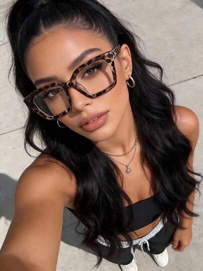 1 Pair Women's Square Plastic Frame Fashion Transparent Eyeglasses, Suitable For School, Daily Reading, Eye Protection, Leopard Print, Women Eyewear Accessories