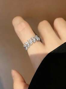 1 chiếc nhẫn hình lá đính đá Cubic Zirconia có thể điều chỉnh kích thước. - Bạc - Xem 7