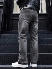 BAZR 男士喇叭牛仔裤，修身破洞喇叭裤，Y2K 堆叠式牛仔裤，撞色水洗刺绣牛仔裤，适合所有季节 - 深灰色 - 查看 7