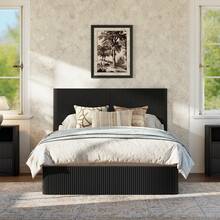 Modern Bed With Grooved Design And Hydraulic Lift System – Large Storage Space, Stable Solid Wood Slats, Easy-Care Surface – 140 X 200 Cm – Black - Black + 140cm*200cm - View 6