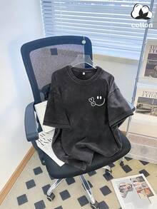 Vintage Washed Cotton Loose-Fit T-Shirt, Cute  Face And Heart Print, Women's Casual Street Style Short-Sleeve Top, Wrinkle-Resistant Washed Cotton T-Shirt - 黑色 - 查看 6