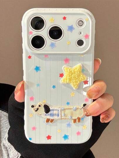 1个卡通小狗小猫刺绣彩色毛绒星星手机壳，适用于 17 Pro Max 17 Pro 17 11 12 13 14 15 16 Pro Max，防震软壳