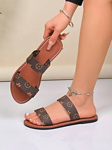 French Retro Style Printed Slide Sandals, Double Strap Flat Design, Non-Slip Breathable Commuting & Vacation Popular Women Shoes - Black - View 8