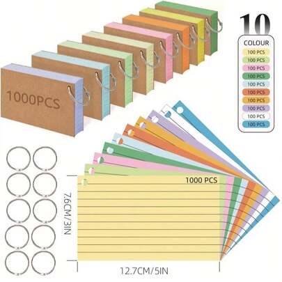 100pcs Metal Ring Flashcards, Coded Index Cards For Language Learning And Exam Preparation | Lined Revision Cards 5" X 3"