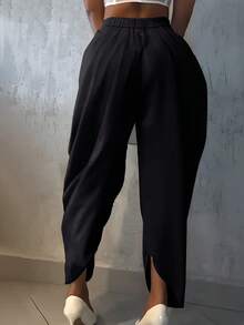 女士优雅休闲裤，纯色梭织面料，金属纽扣不对称设计，适合休闲、办公、日常穿着，春夏黑色 - 黑色 - 查看 3