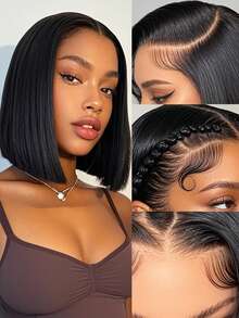 Straight Human Hair Lace Front Wig For Women 4x4 Transparent Lace Human Hair Glueless Bob Wigs 150% Density Pre-Cut HD Lace Natural Hairline Pixie Cut Wig Preplucked With Baby Hair - Natural Black - View 4