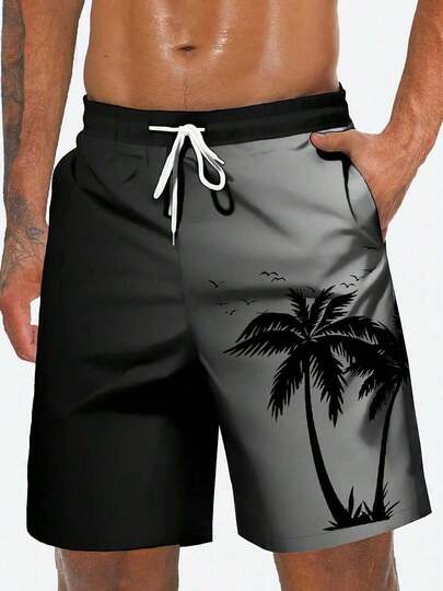Men's Swim Trunks, Hawaii Holiday Coconut Tree Ombre 3D Printed Casual Outdoor Beach Shorts, Drawstring Waistband, Single Layer Without Lining, Perfect For Casual, Vacation, Beachwear,Hawaiian