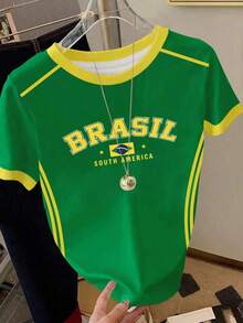 Camiseta de mujer con impresión digital de letras brasileñas sobre fondo verde, estilo lindo, adecuada para el verano, camiseta a la moda, camiseta hermosa, regalo para hermanos y hermanas, regalo para hermanas, regalo para mamá, regalo para el Día de la Madre, top casual a la moda. - Colores mixtos - Ver 4