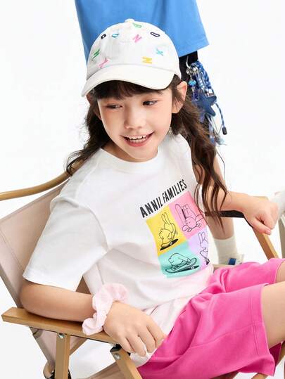 Annil Áo thun ngắn tay cổ tròn cho bé gái, áo len dệt kim dành cho trẻ em cỡ trung bình và lớn, học sinh, áo mặc thường ngày đa năng cho bé gái.