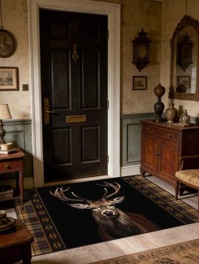 1 件黑色底麋鹿格子地垫，复古英伦风格耐磨短绒长方形麋鹿逼真设计，格子边细节，防滑耐用，适合秋冬复古家居装饰/日常入口场景。