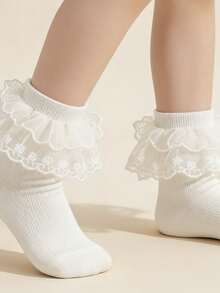 4 Pairs Solid Color Lace Trim Double Layer Princess Dance Socks For Kids & Toddlers - Champagne - View 5