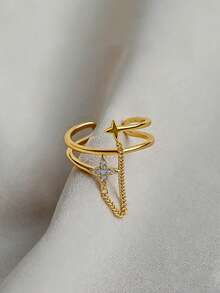 1pc Double Layer Cross Chain Meteor Ring, Unique Statement Design, - Yellow Gold - View 4