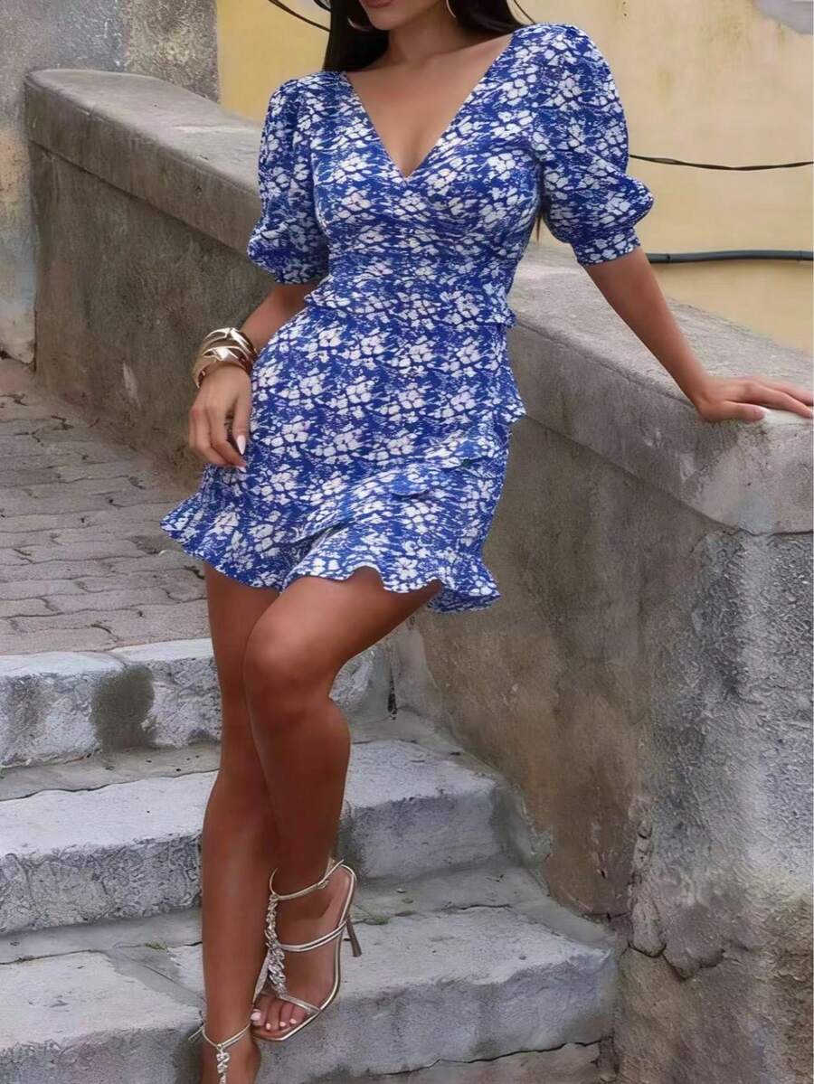 优雅印花雪纺交叉拉链荷叶边连体裤，适合度假、日常穿着、约会、旅行、夏季穿着 - 藍色 - 查看 1