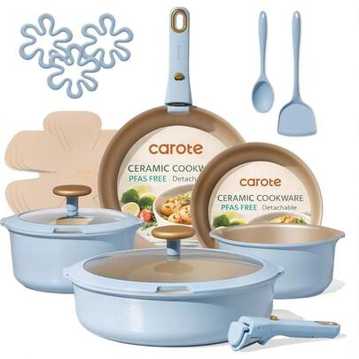 CAROTE 18Pcs Titanium Reinforced Nonstick Pots And Pans Set, Nonstick Cookware Set With Detachable Handle, Induction Kitchen Cookware Sets Removable Handles, Dishwasher Oven Blue
