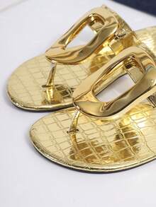 Gold Large Metal Buckle Women's Thong Flat Sandals, Solid Color Flat Sole, Open Back And Toe, Beach Casual Vacation (Runs Half Size Large) - Gold - View 8